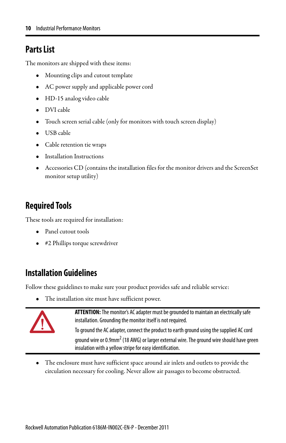 Parts list, Required tools, Installation guidelines | Rockwell Automation 6186M-xxxx Industrial Performance Monitors Installation Instructions User Manual | Page 10 / 36