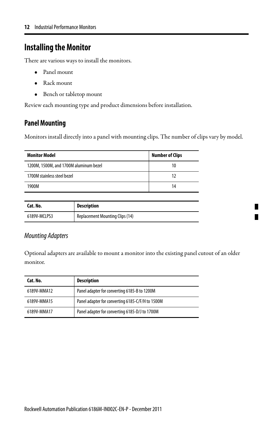 Installing the monitor, Panel mounting, Mounting adapters | Rockwell Automation 6186M-xxxx Industrial Performance Monitors Installation Instructions User Manual | Page 12 / 36