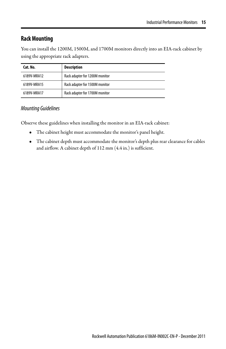 Rack mounting, Mounting guidelines | Rockwell Automation 6186M-xxxx Industrial Performance Monitors Installation Instructions User Manual | Page 15 / 36