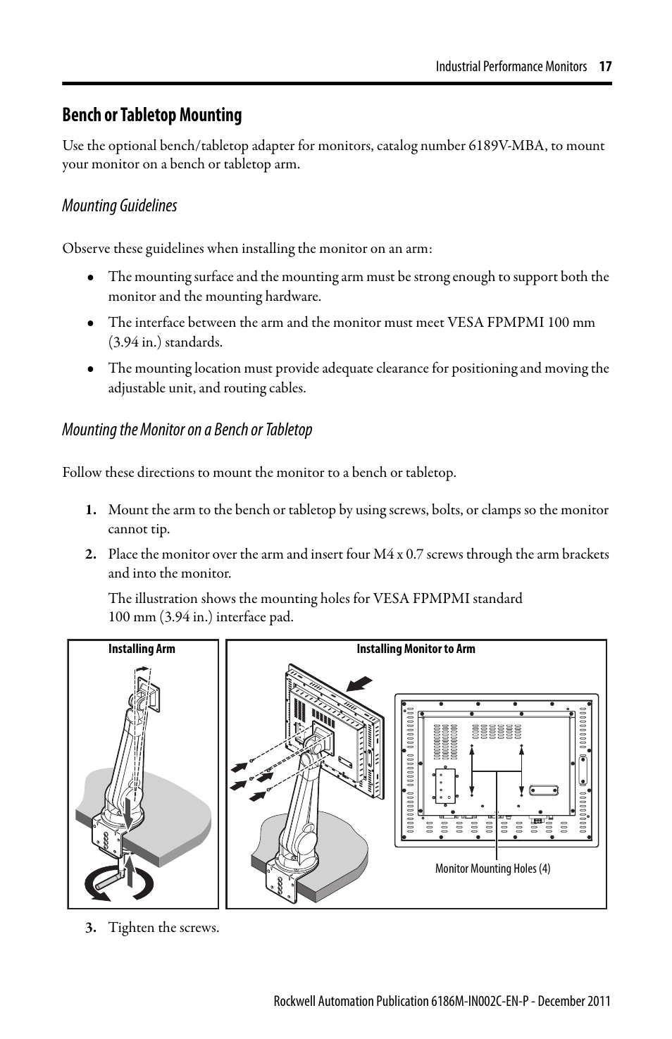 Bench or tabletop mounting, Mounting guidelines, Mounting the monitor on a bench or tabletop | Rockwell Automation 6186M-xxxx Industrial Performance Monitors Installation Instructions User Manual | Page 17 / 36