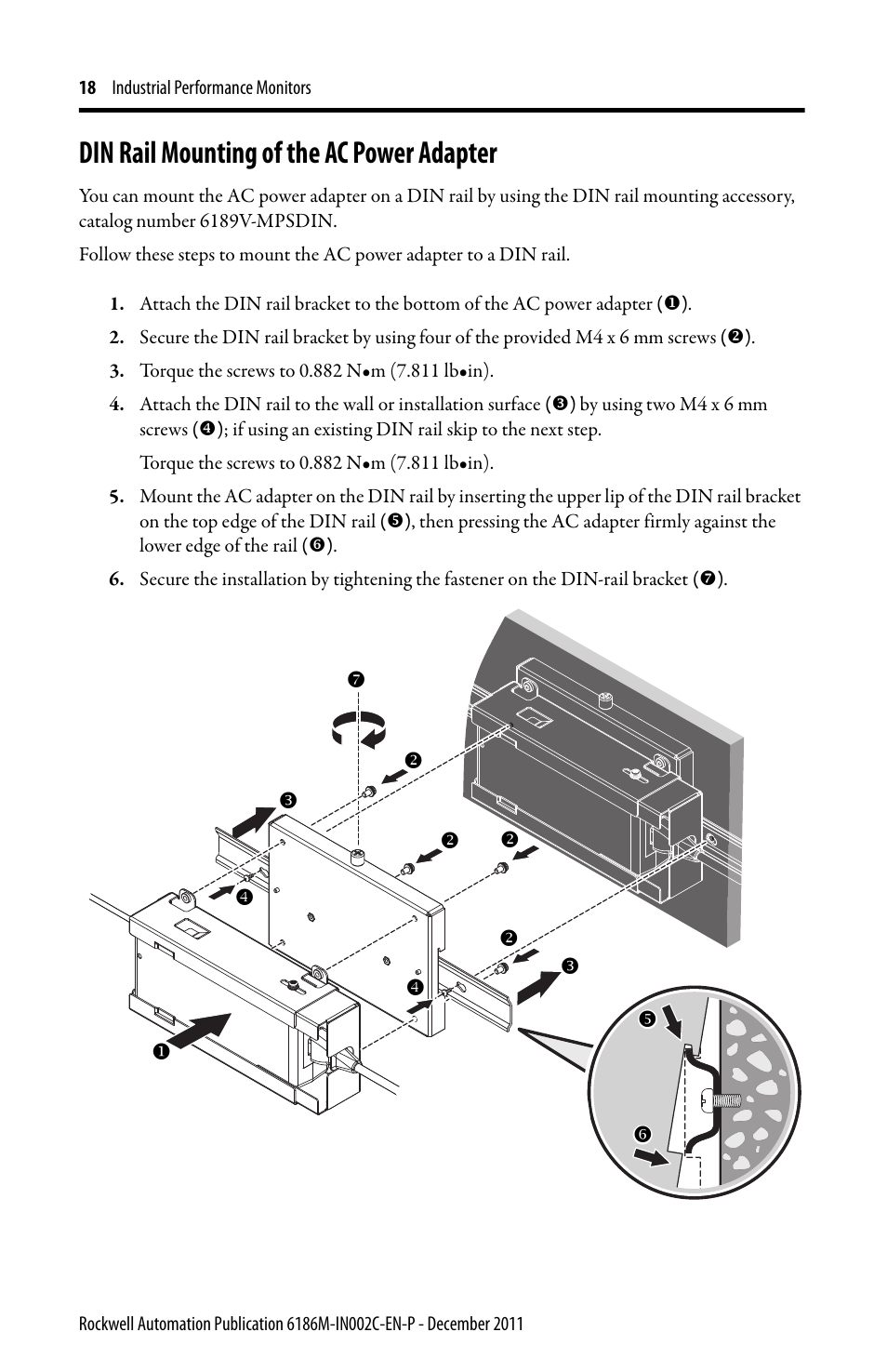 Din rail mounting of the ac power adapter | Rockwell Automation 6186M-xxxx Industrial Performance Monitors Installation Instructions User Manual | Page 18 / 36