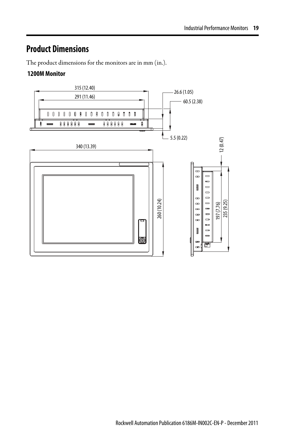 Product dimensions | Rockwell Automation 6186M-xxxx Industrial Performance Monitors Installation Instructions User Manual | Page 19 / 36