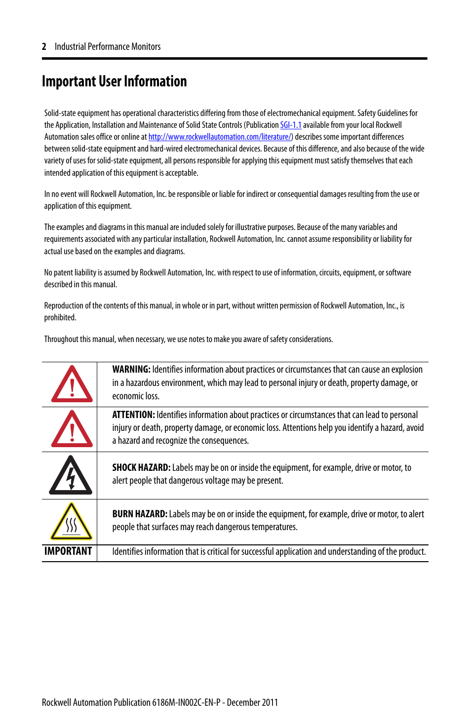 Important user information | Rockwell Automation 6186M-xxxx Industrial Performance Monitors Installation Instructions User Manual | Page 2 / 36