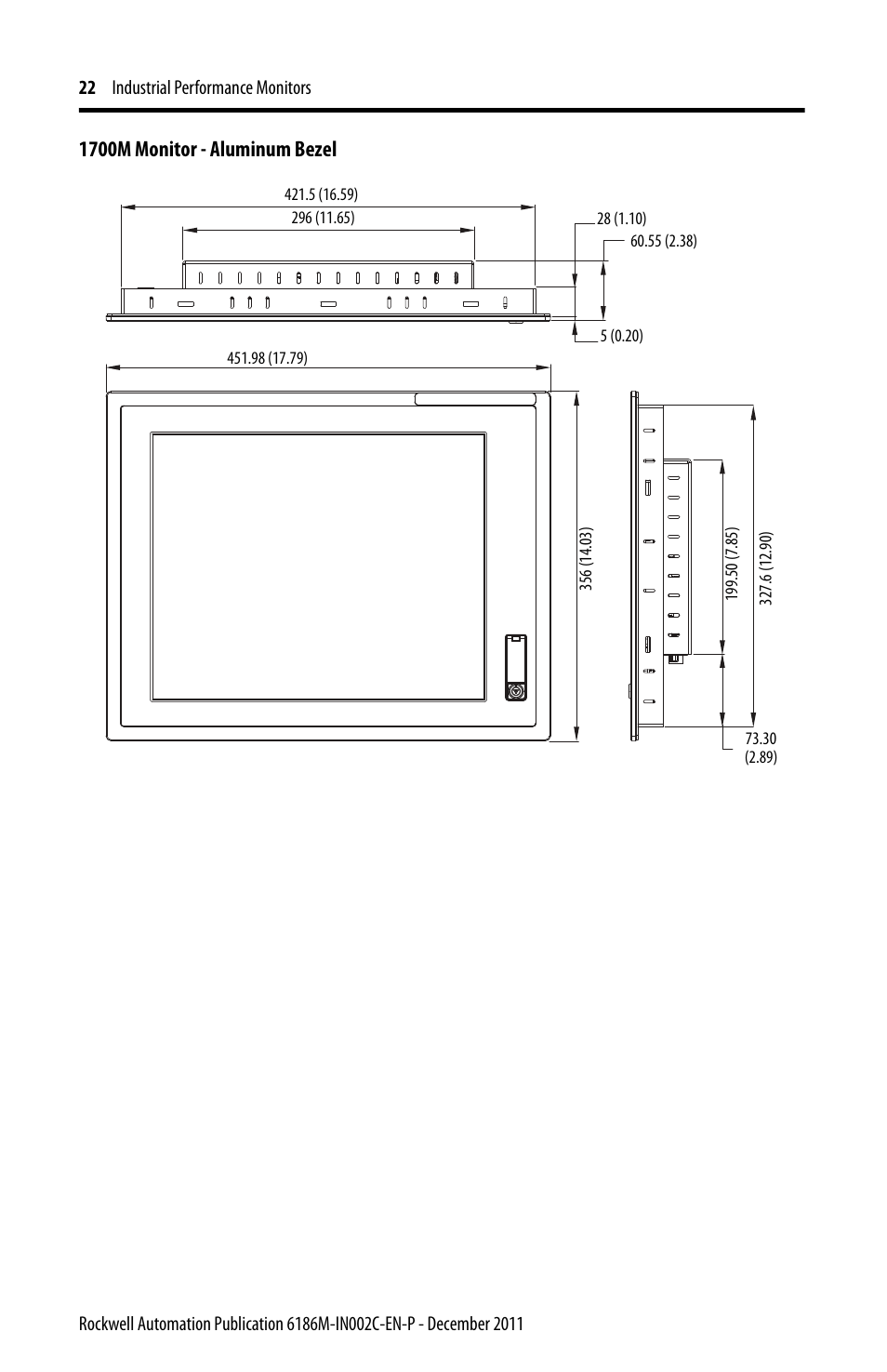 1700m monitor - aluminum bezel | Rockwell Automation 6186M-xxxx Industrial Performance Monitors Installation Instructions User Manual | Page 22 / 36