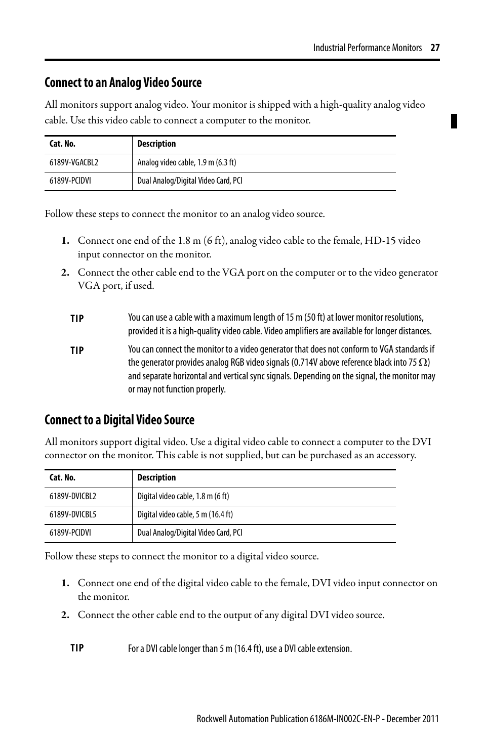 Connect to an analog video source, Connect to a digital video source | Rockwell Automation 6186M-xxxx Industrial Performance Monitors Installation Instructions User Manual | Page 27 / 36