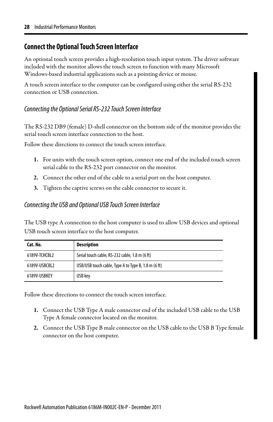 Connect the optional touch screen interface | Rockwell Automation 6186M-xxxx Industrial Performance Monitors Installation Instructions User Manual | Page 28 / 36