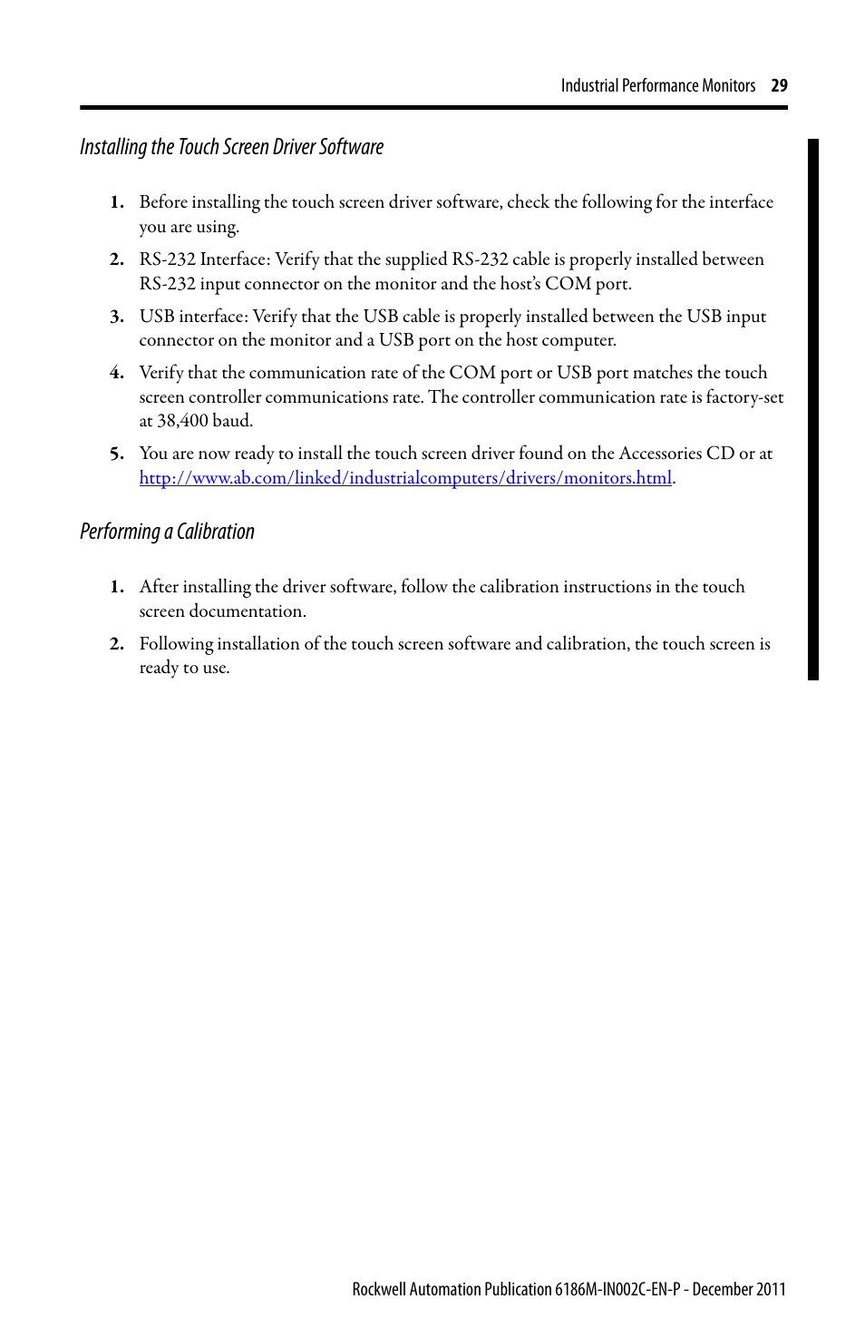 Installing the touch screen driver software, Performing a calibration | Rockwell Automation 6186M-xxxx Industrial Performance Monitors Installation Instructions User Manual | Page 29 / 36