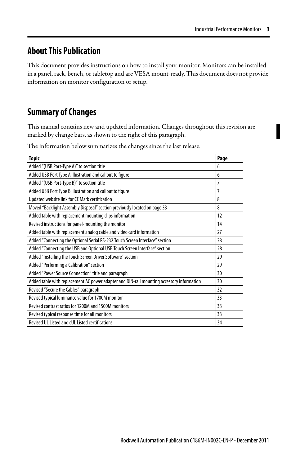 About this publication, Summary of changes | Rockwell Automation 6186M-xxxx Industrial Performance Monitors Installation Instructions User Manual | Page 3 / 36
