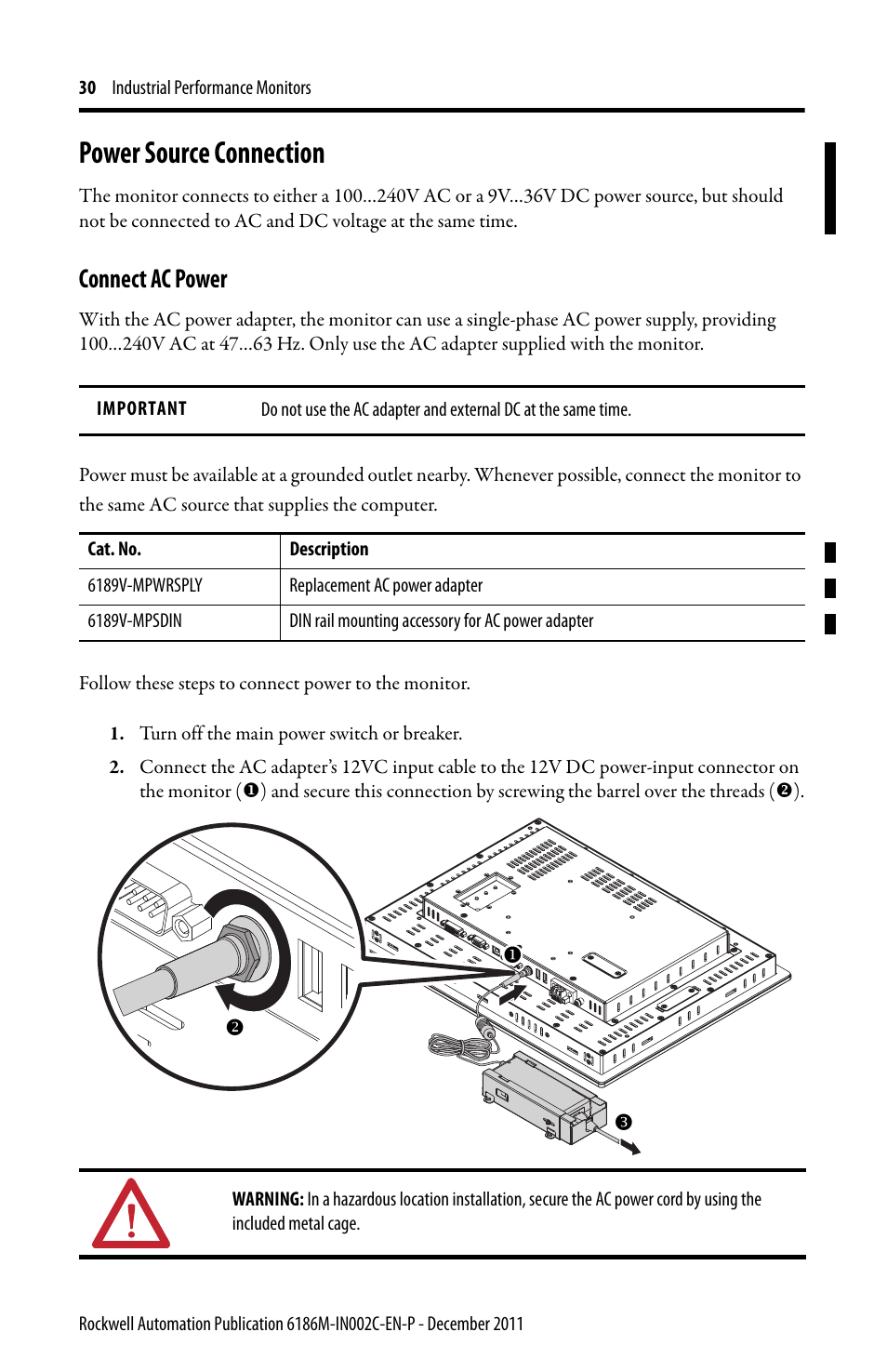 Power source connection, Connect ac power | Rockwell Automation 6186M-xxxx Industrial Performance Monitors Installation Instructions User Manual | Page 30 / 36