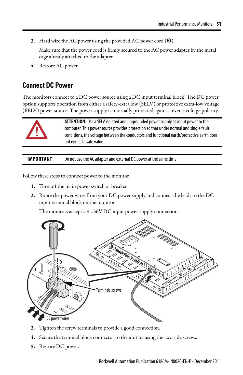 Connect dc power | Rockwell Automation 6186M-xxxx Industrial Performance Monitors Installation Instructions User Manual | Page 31 / 36