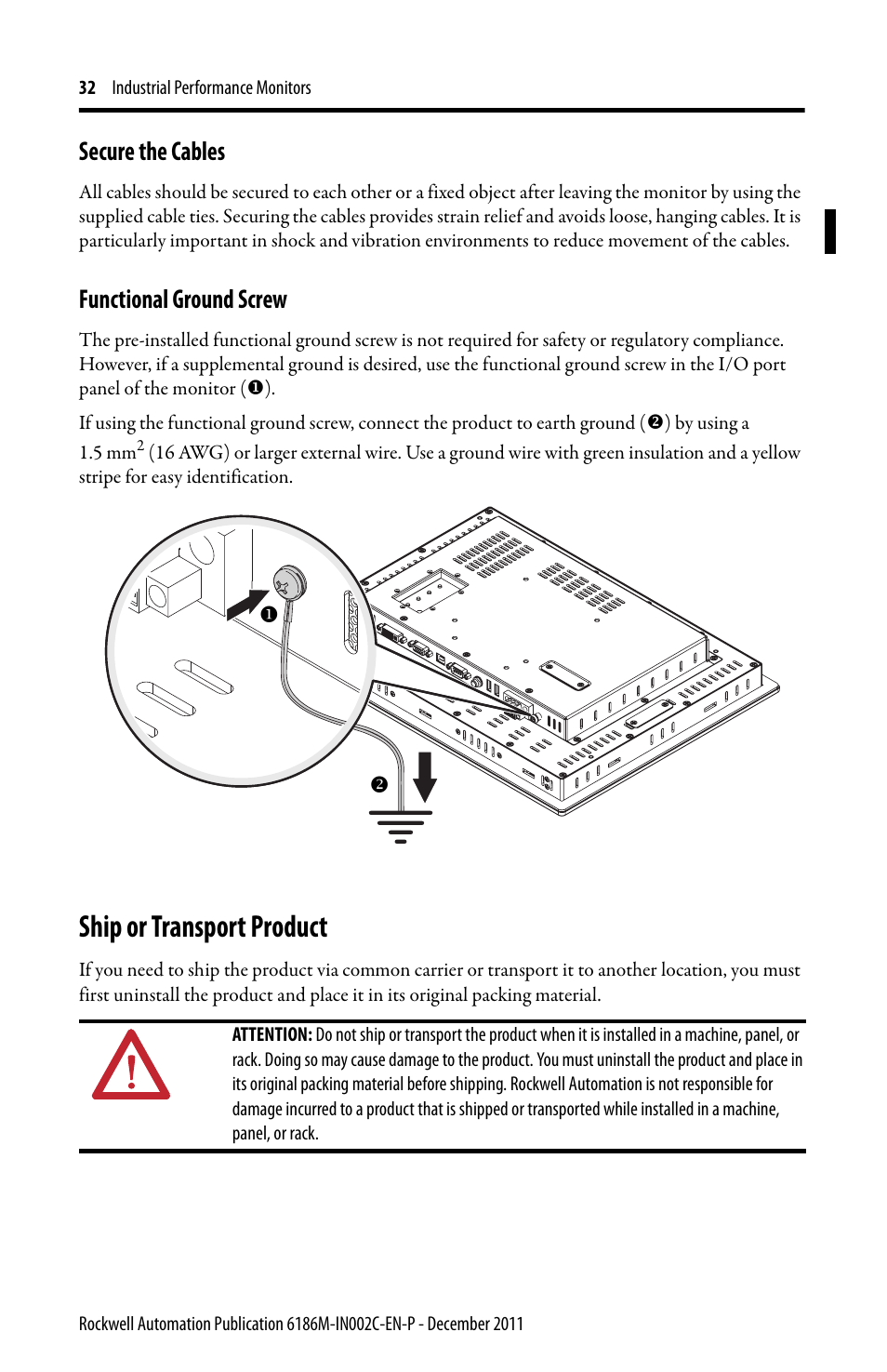 Secure the cables, Functional ground screw, Ship or transport product | Rockwell Automation 6186M-xxxx Industrial Performance Monitors Installation Instructions User Manual | Page 32 / 36