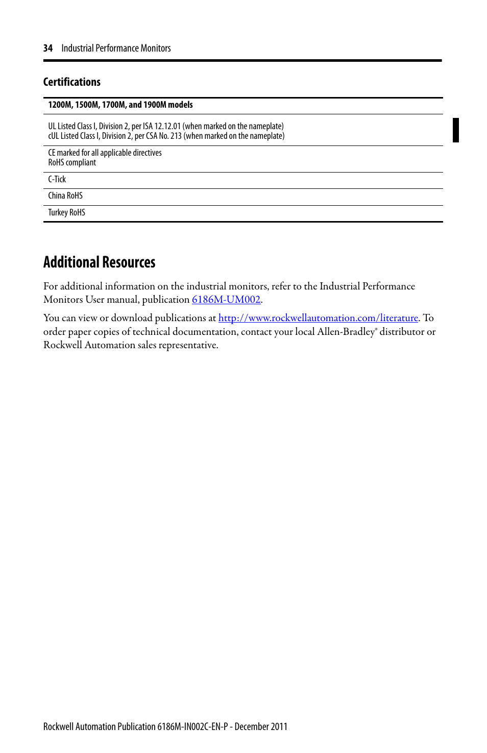 Additional resources | Rockwell Automation 6186M-xxxx Industrial Performance Monitors Installation Instructions User Manual | Page 34 / 36