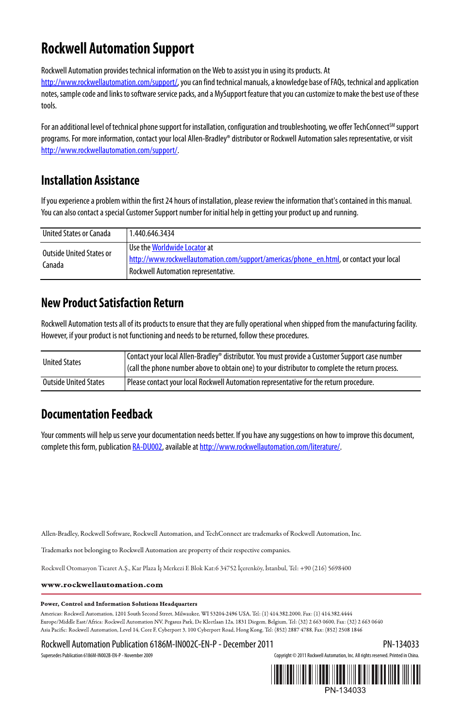 Rockwell automation support, Installation assistance, New product satisfaction return | Documentation feedback | Rockwell Automation 6186M-xxxx Industrial Performance Monitors Installation Instructions User Manual | Page 36 / 36