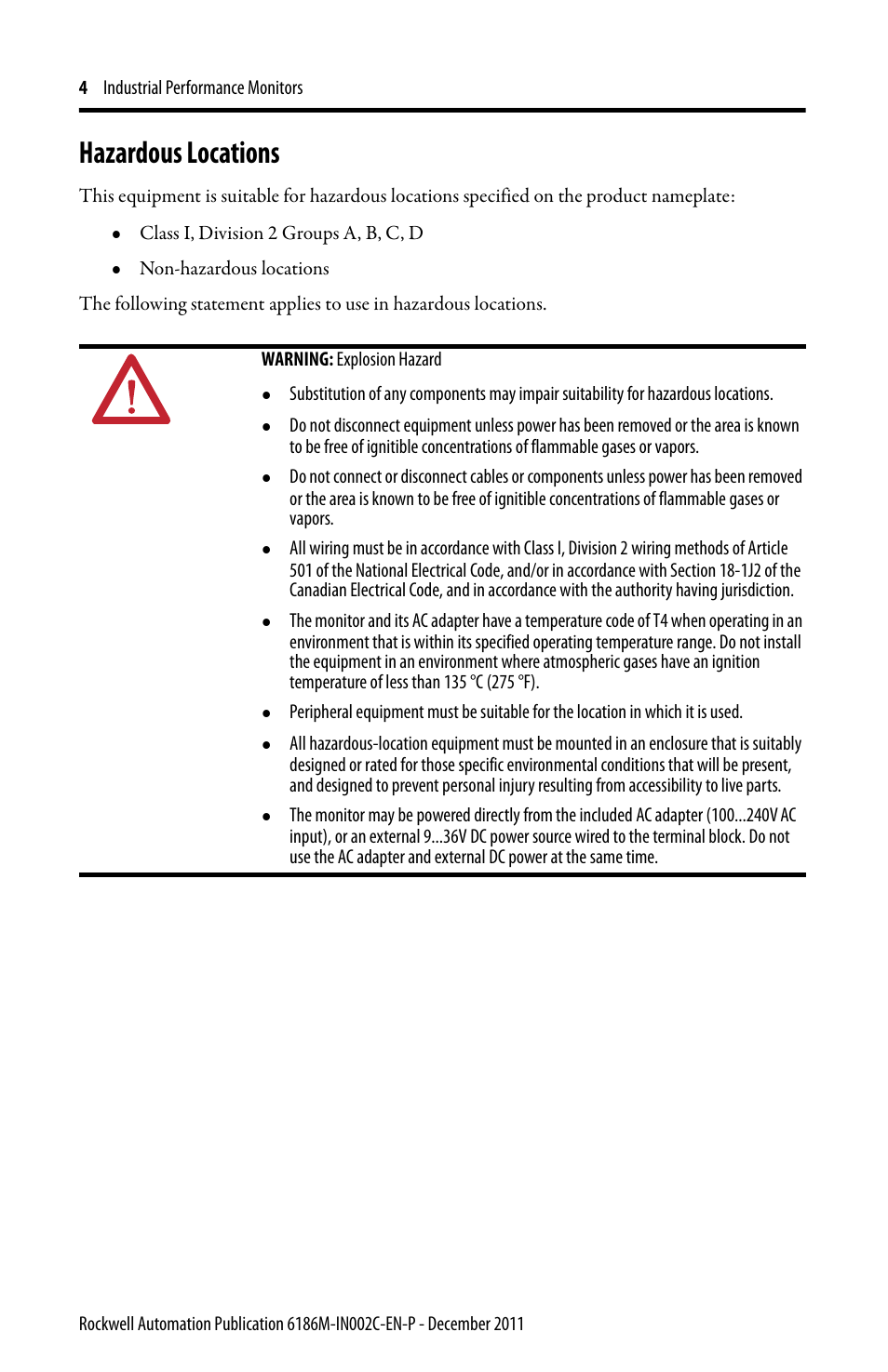 Hazardous locations | Rockwell Automation 6186M-xxxx Industrial Performance Monitors Installation Instructions User Manual | Page 4 / 36