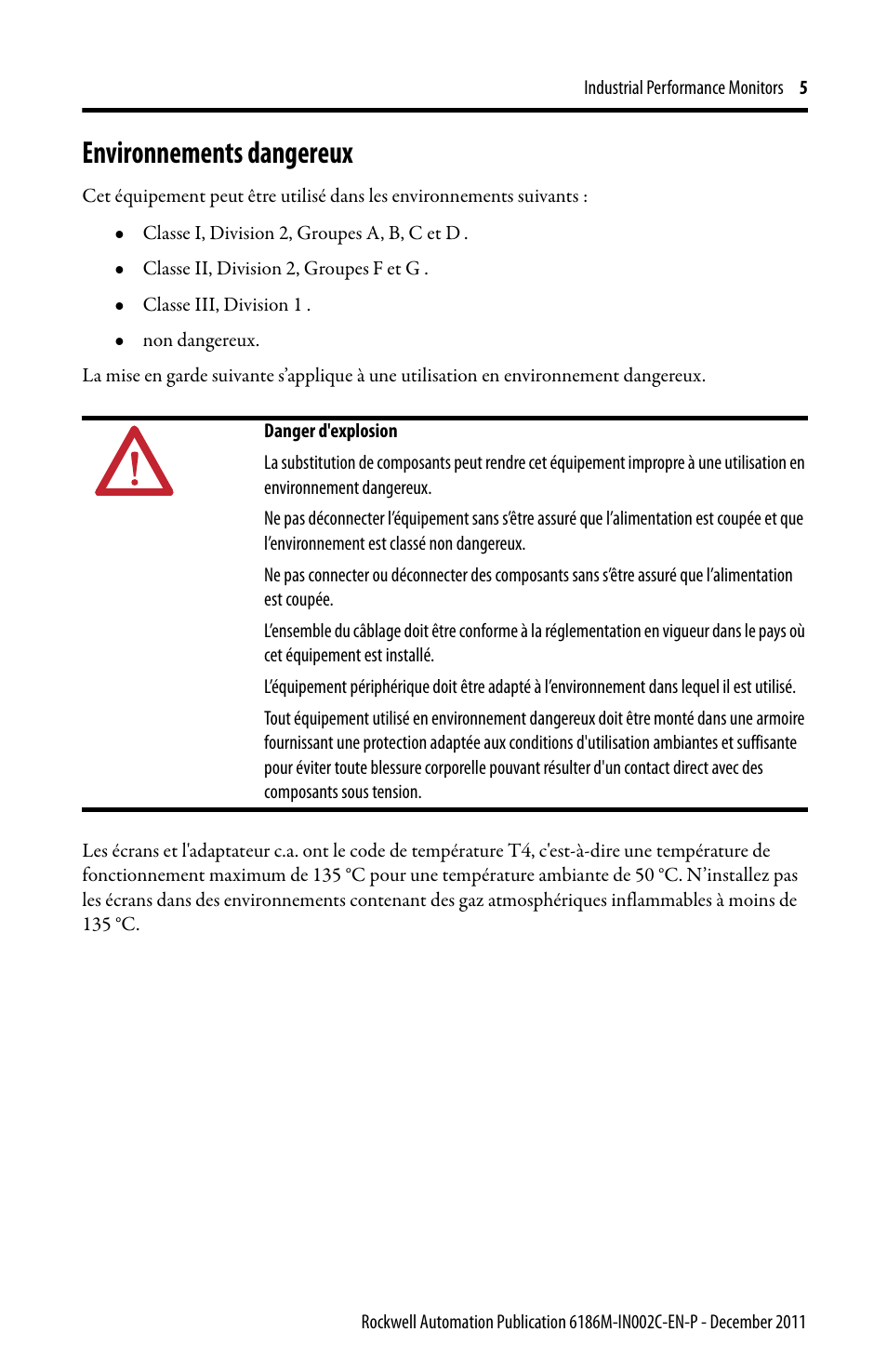 Environnements dangereux | Rockwell Automation 6186M-xxxx Industrial Performance Monitors Installation Instructions User Manual | Page 5 / 36