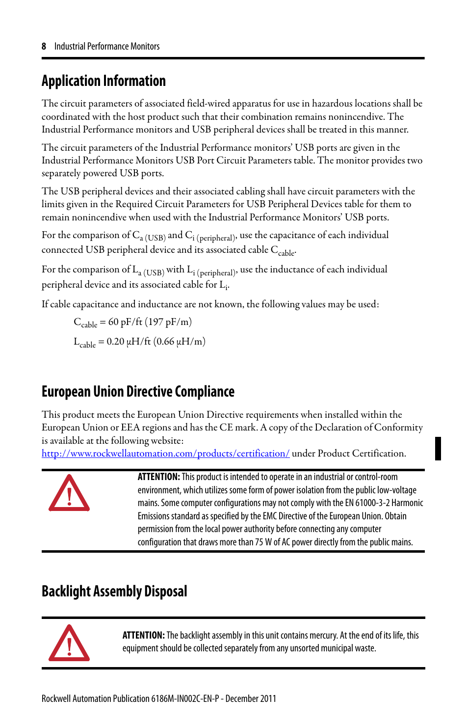 Application information, European union directive compliance, Backlight assembly disposal | Rockwell Automation 6186M-xxxx Industrial Performance Monitors Installation Instructions User Manual | Page 8 / 36
