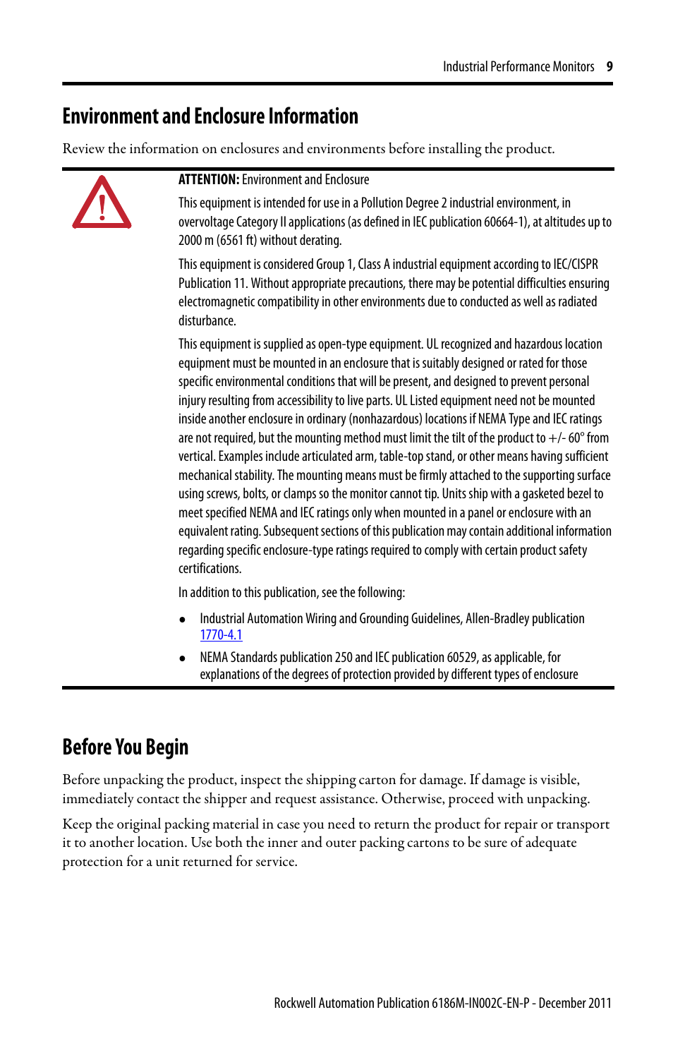 Environment and enclosure information, Before you begin | Rockwell Automation 6186M-xxxx Industrial Performance Monitors Installation Instructions User Manual | Page 9 / 36