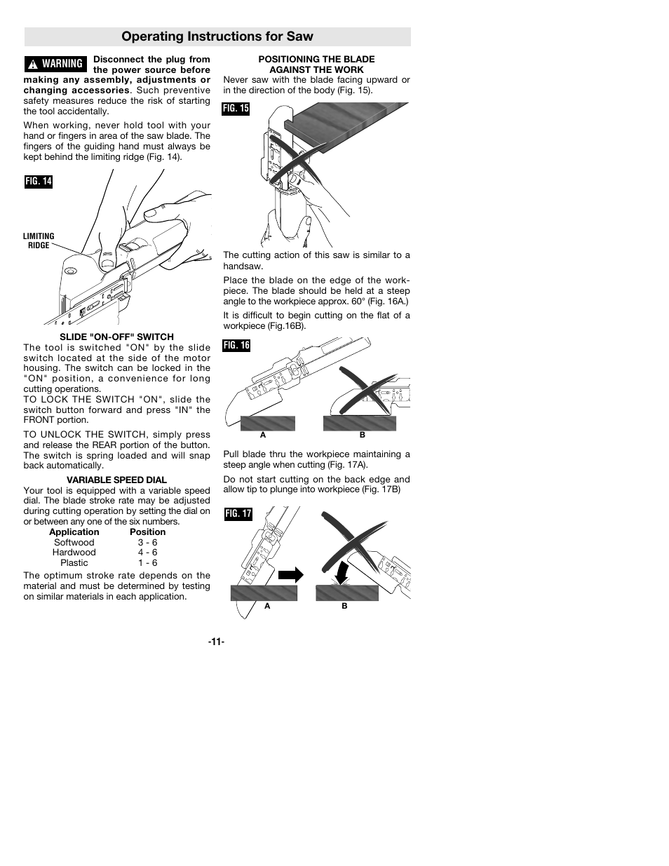 Operating instructions for saw | Bosch 1640VS User Manual | Page 11 / 44