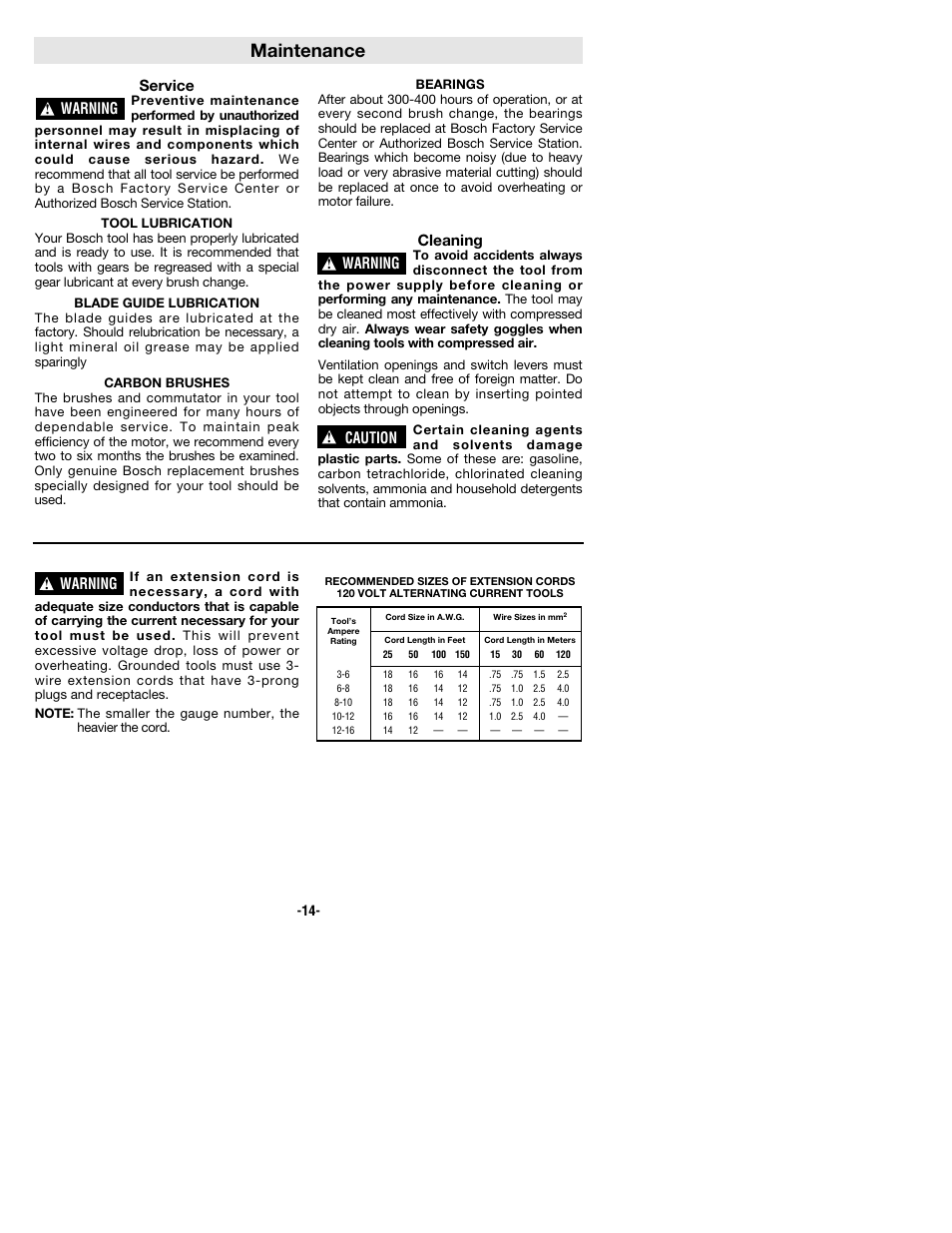 Maintenance, Service, Cleaning | Warning, Caution | Bosch 1640VS User Manual | Page 14 / 44