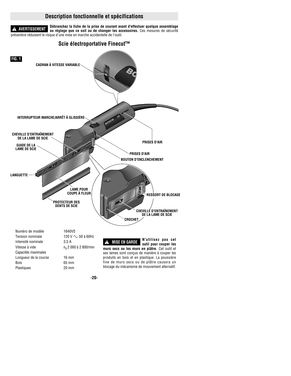 Description fonctionnelle et spécifications, Scie électroportative finecut | Bosch 1640VS User Manual | Page 20 / 44