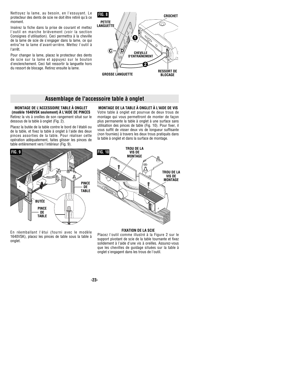 Assemblage de l'accessoire table à onglet | Bosch 1640VS User Manual | Page 23 / 44