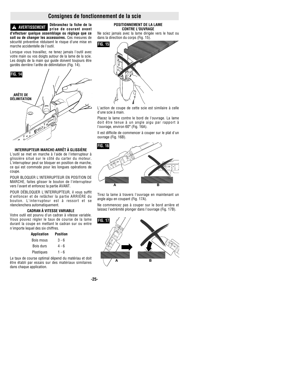 Consignes de fonctionnement de la scie | Bosch 1640VS User Manual | Page 25 / 44