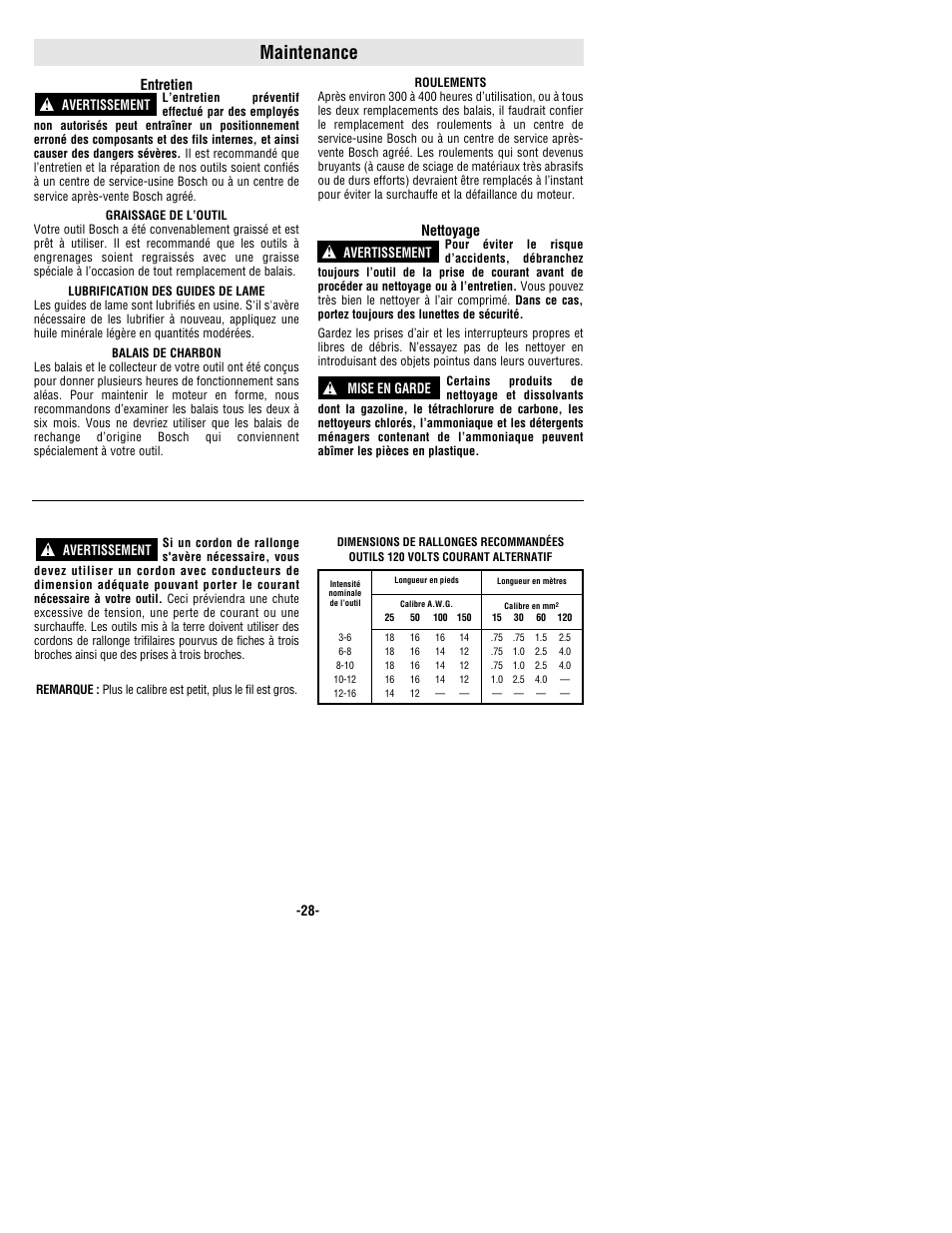 Maintenance | Bosch 1640VS User Manual | Page 28 / 44