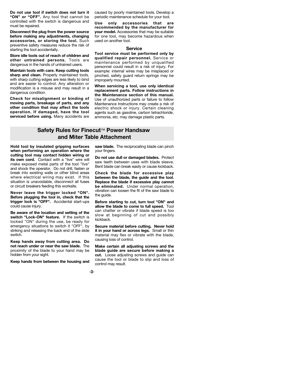 Safety rules for finecut, Power handsaw and miter table attachment | Bosch 1640VS User Manual | Page 3 / 44