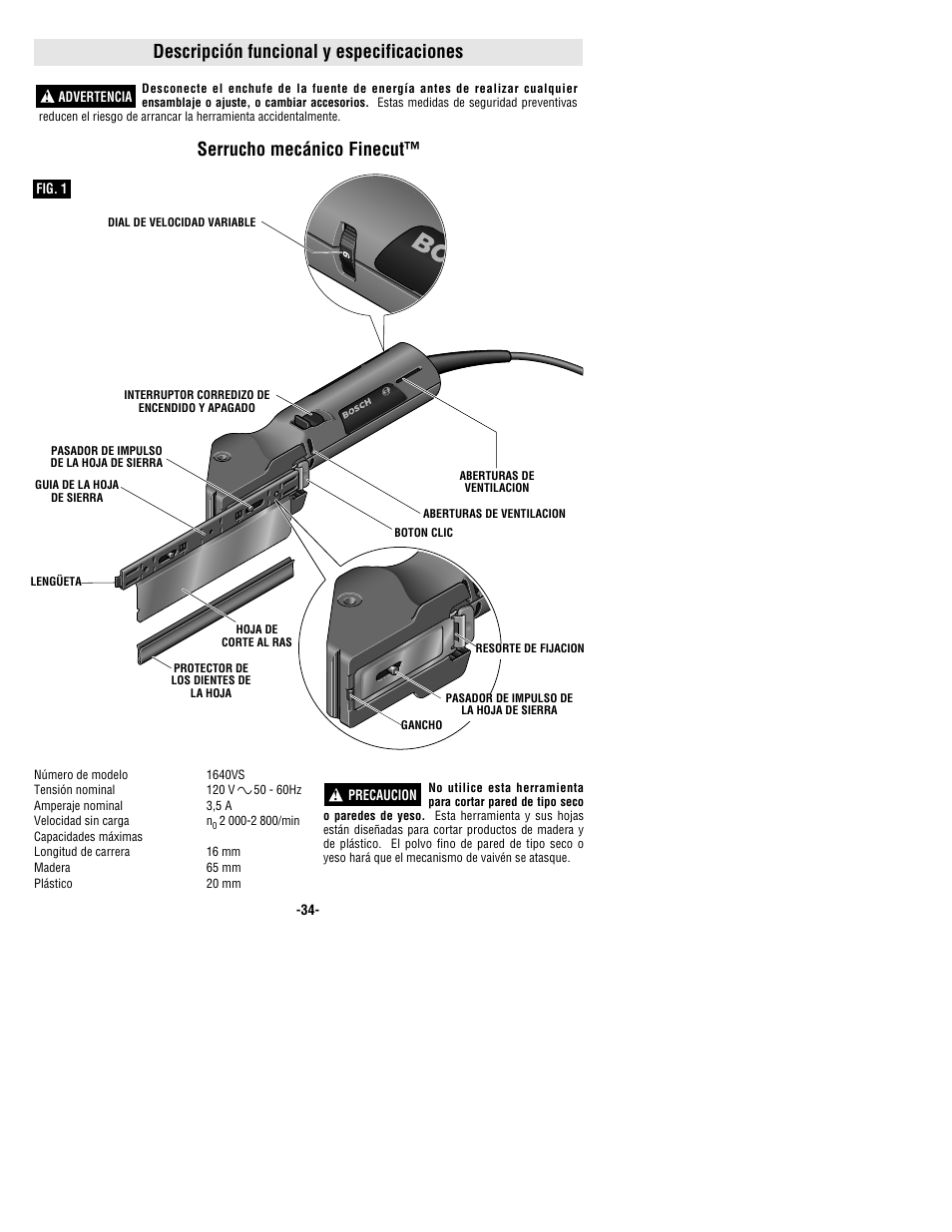 Descripción funcional y especificaciones, Serrucho mecánico finecut | Bosch 1640VS User Manual | Page 34 / 44