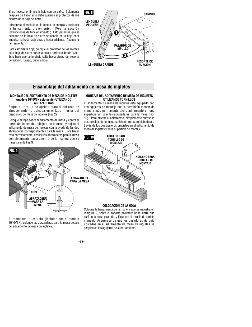 Ensamblaje del aditamento de mesa de ingletes | Bosch 1640VS User Manual | Page 37 / 44