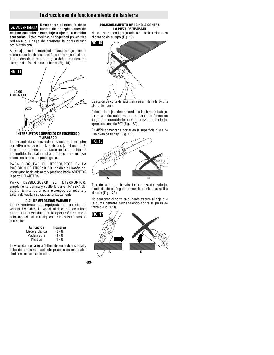 Instrucciones de funcionamiento de la sierra | Bosch 1640VS User Manual | Page 39 / 44