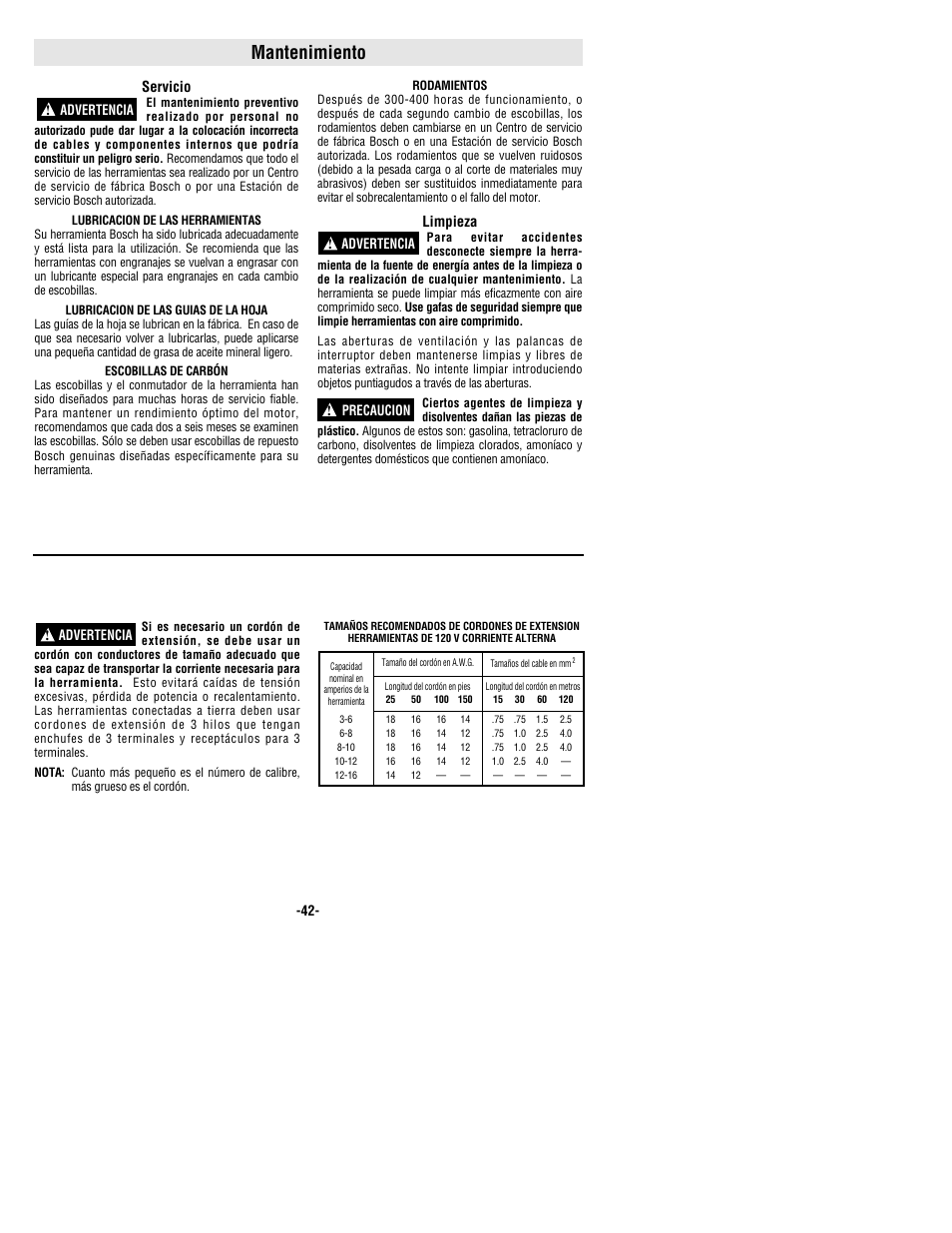 Mantenimiento | Bosch 1640VS User Manual | Page 42 / 44