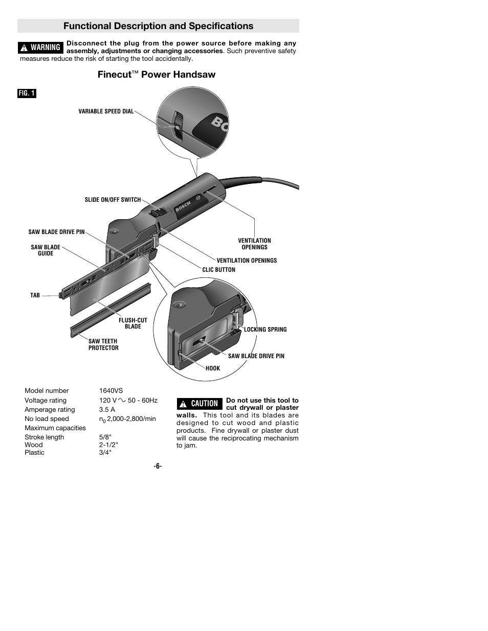 Functional description and specifications, Finecut, Power handsaw | Bosch 1640VS User Manual | Page 6 / 44