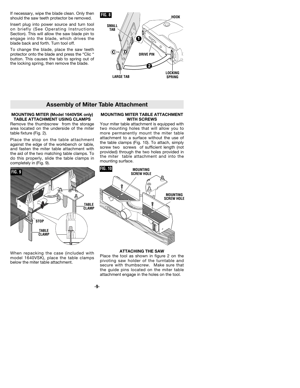 Assembly of miter table attachment | Bosch 1640VS User Manual | Page 9 / 44