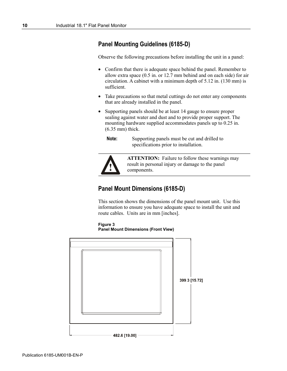 Panel mounting guidelines (6185-d), Panel mount dimensions (6185-d) | Rockwell Automation 6185-V Industrial 18.1 Inch Flat Panel Monitor User Manual User Manual | Page 10 / 64