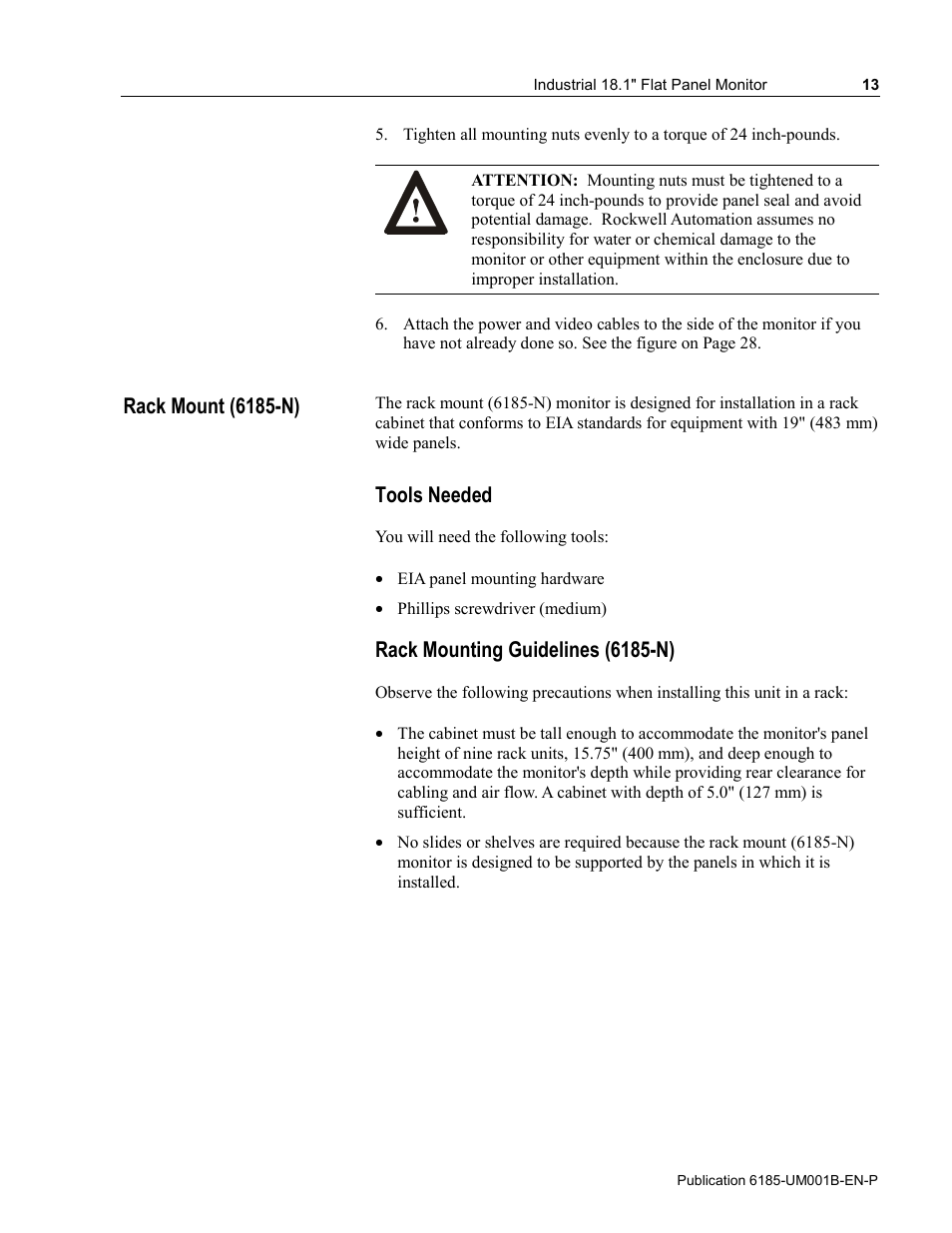 Rack mount (6185-n), Tools needed, Rack mounting guidelines (6185-n) | Rockwell Automation 6185-V Industrial 18.1 Inch Flat Panel Monitor User Manual User Manual | Page 13 / 64