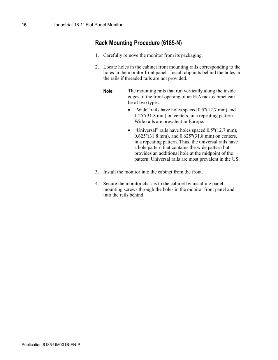 Rack mounting procedure (6185-n) | Rockwell Automation 6185-V Industrial 18.1 Inch Flat Panel Monitor User Manual User Manual | Page 16 / 64