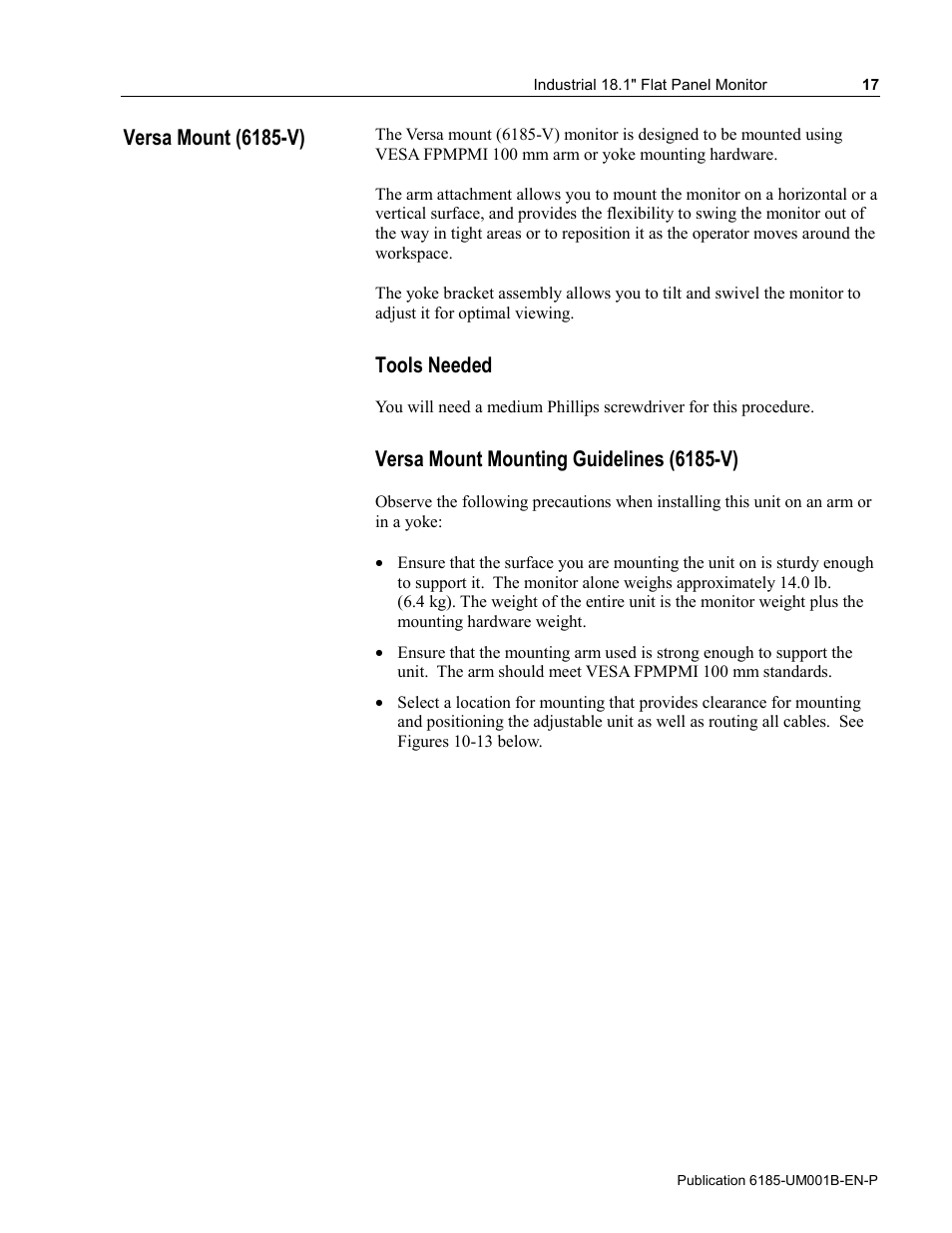 Versa mount (6185-v), Tools needed, Versa mount mounting guidelines (6185-v) | Rockwell Automation 6185-V Industrial 18.1 Inch Flat Panel Monitor User Manual User Manual | Page 17 / 64