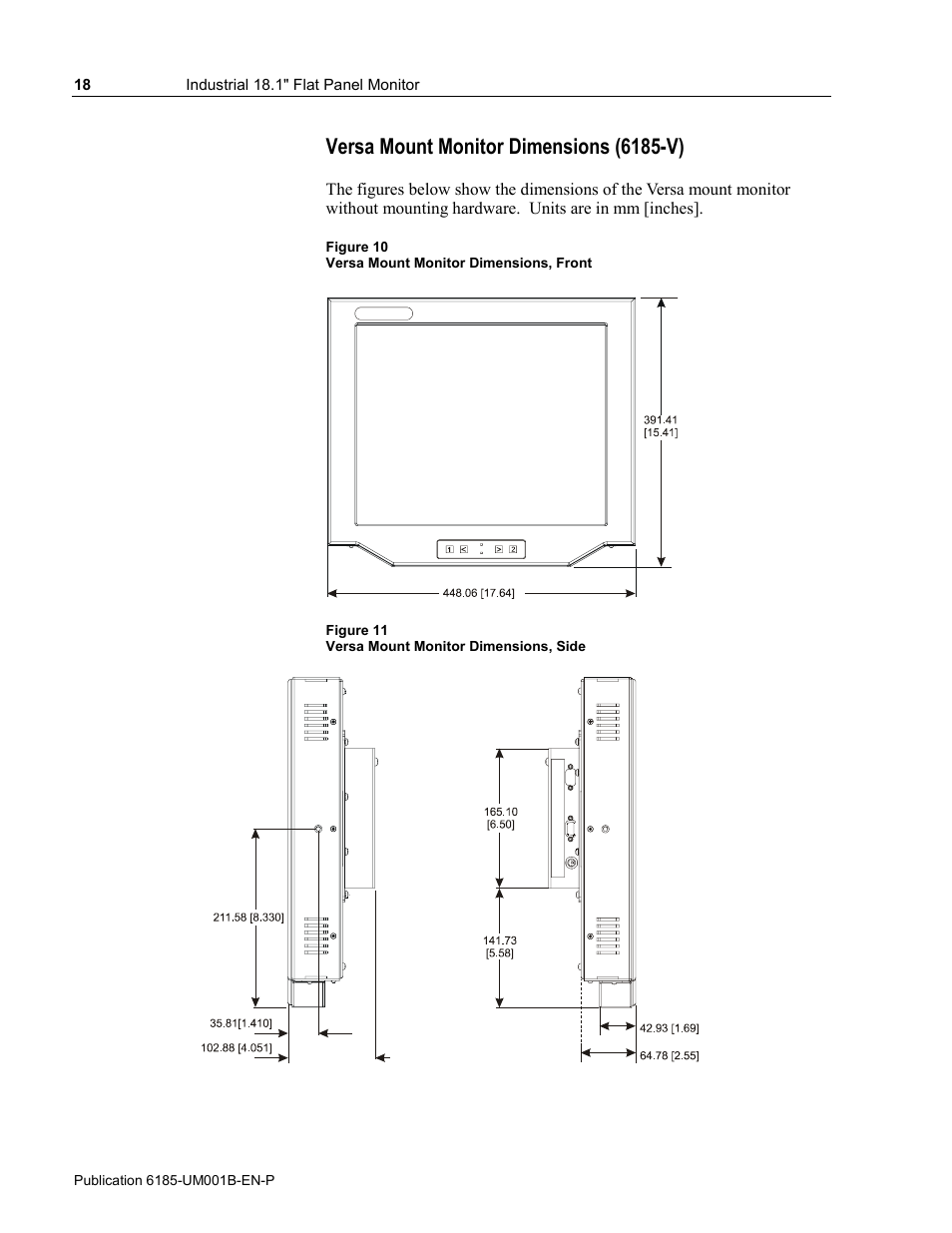 Versa mount monitor dimensions (6185-v) | Rockwell Automation 6185-V Industrial 18.1 Inch Flat Panel Monitor User Manual User Manual | Page 18 / 64