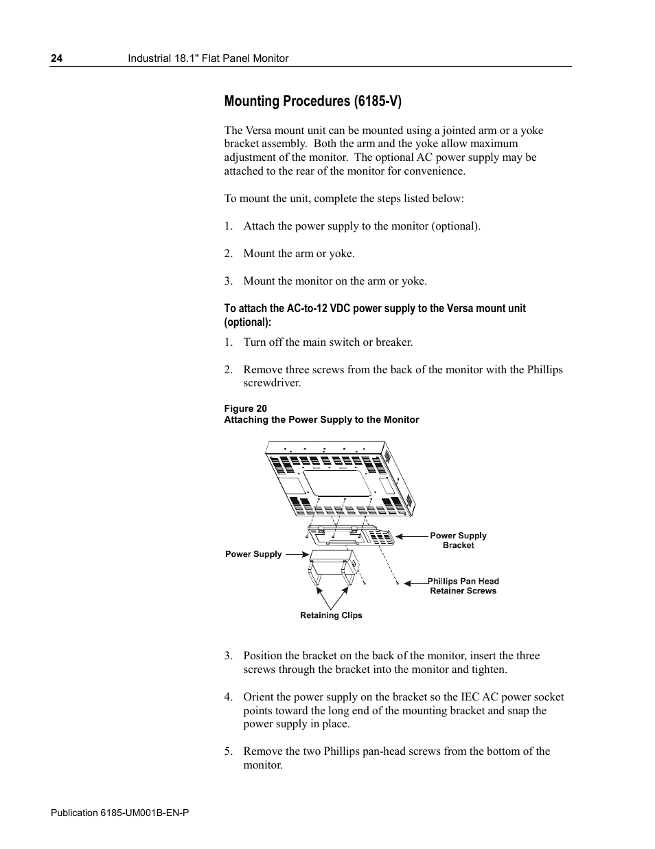 Mounting procedures (6185-v) | Rockwell Automation 6185-V Industrial 18.1 Inch Flat Panel Monitor User Manual User Manual | Page 24 / 64