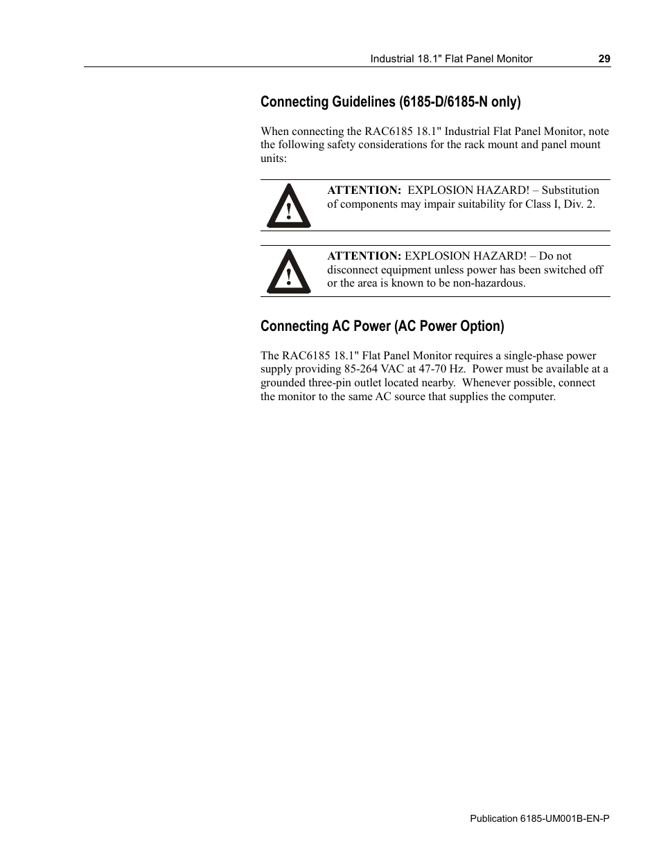 Connecting ac power (ac power option) | Rockwell Automation 6185-V Industrial 18.1 Inch Flat Panel Monitor User Manual User Manual | Page 29 / 64