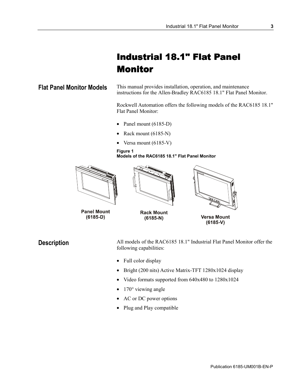 1 - industrial 18.1" flat panel monitor, Flat panel monitor models, Description | Industrial 18.1" flat panel monitor, Industrial 18.1" flat panel | Rockwell Automation 6185-V Industrial 18.1 Inch Flat Panel Monitor User Manual User Manual | Page 3 / 64