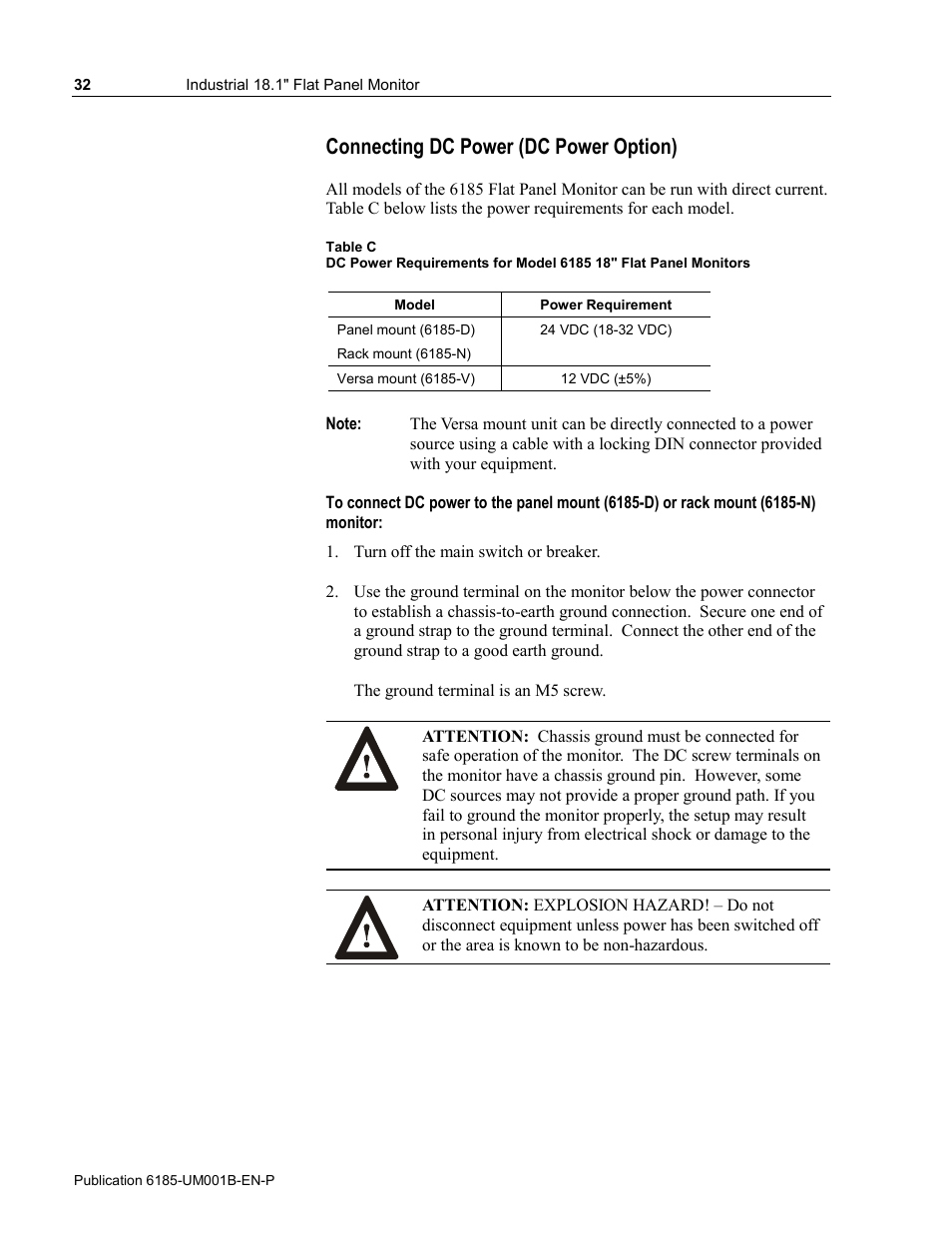 Connecting dc power (dc power option) | Rockwell Automation 6185-V Industrial 18.1 Inch Flat Panel Monitor User Manual User Manual | Page 32 / 64