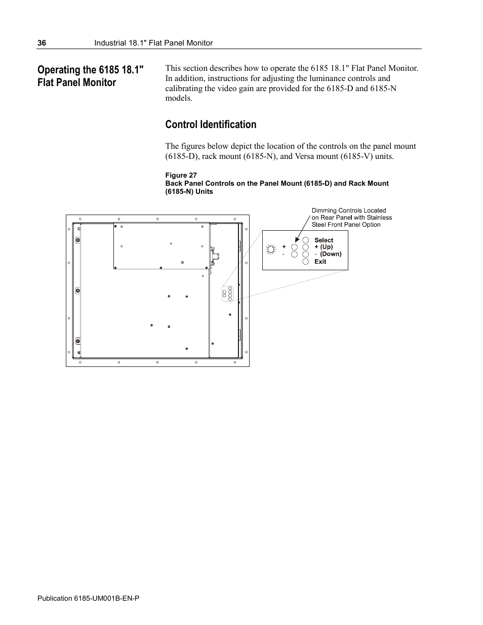 Operating the 6185 18.1" flat panel monitor, Control identification | Rockwell Automation 6185-V Industrial 18.1 Inch Flat Panel Monitor User Manual User Manual | Page 36 / 64
