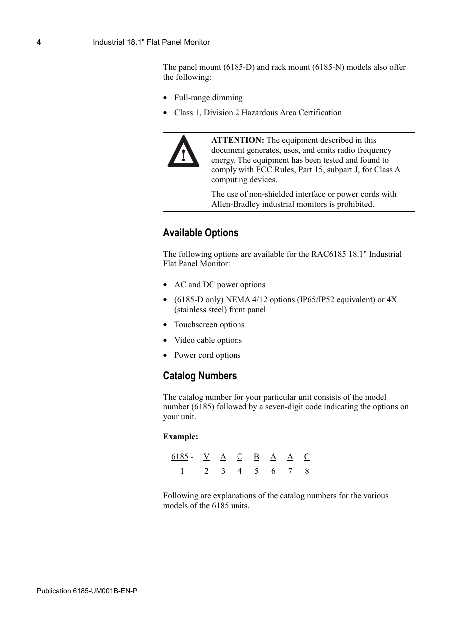 Available options, Catalog numbers | Rockwell Automation 6185-V Industrial 18.1 Inch Flat Panel Monitor User Manual User Manual | Page 4 / 64