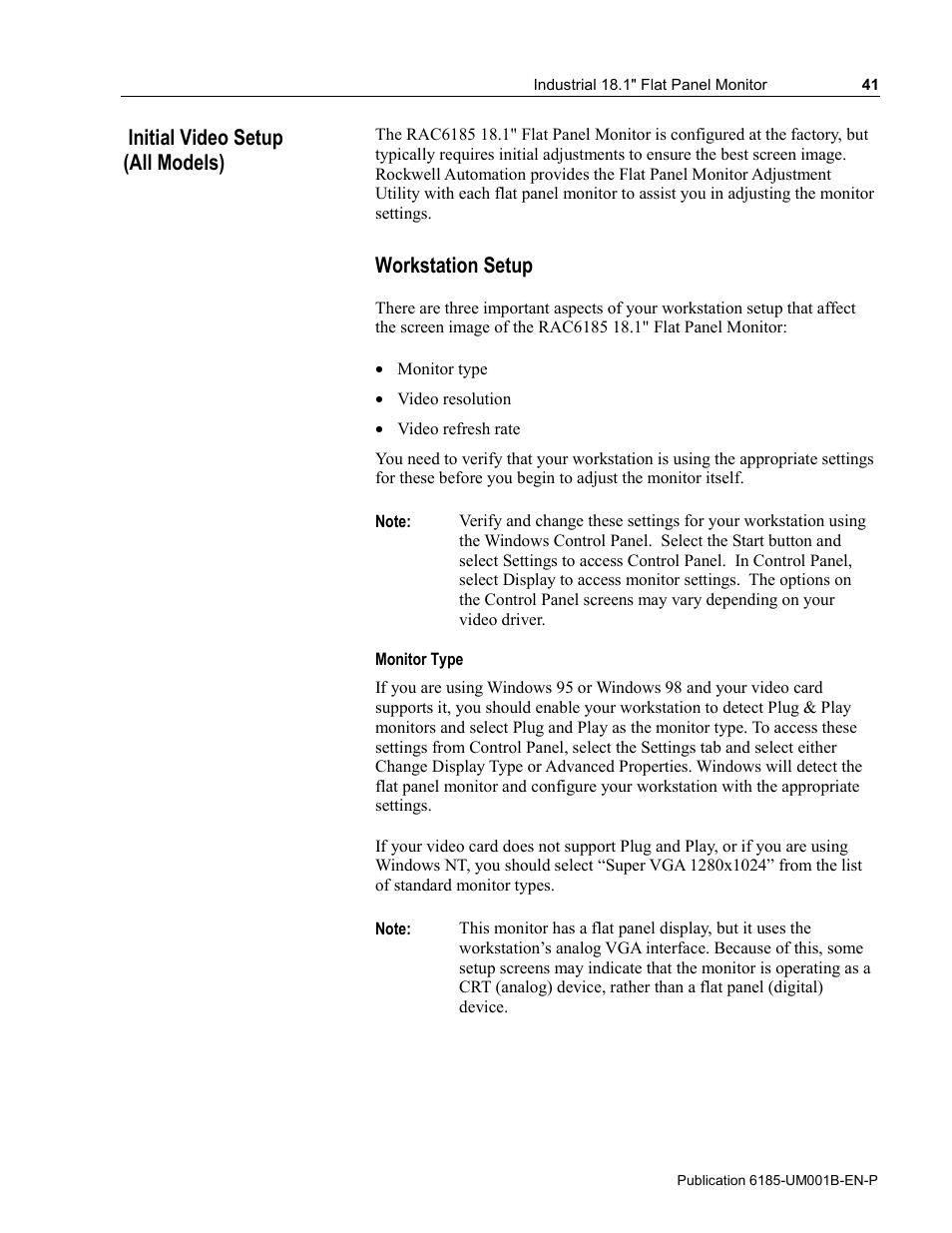 Initial video setup (all models), Workstation setup | Rockwell Automation 6185-V Industrial 18.1 Inch Flat Panel Monitor User Manual User Manual | Page 41 / 64