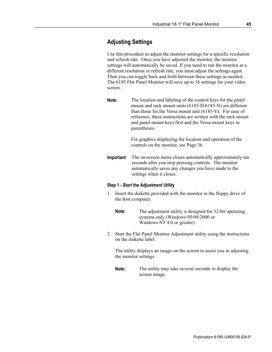 Adjusting settings | Rockwell Automation 6185-V Industrial 18.1 Inch Flat Panel Monitor User Manual User Manual | Page 45 / 64