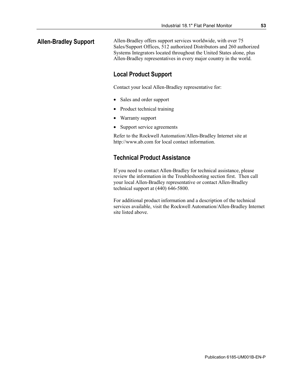 Allen-bradley support, Local product support, Technical product assistance | Rockwell Automation 6185-V Industrial 18.1 Inch Flat Panel Monitor User Manual User Manual | Page 53 / 64
