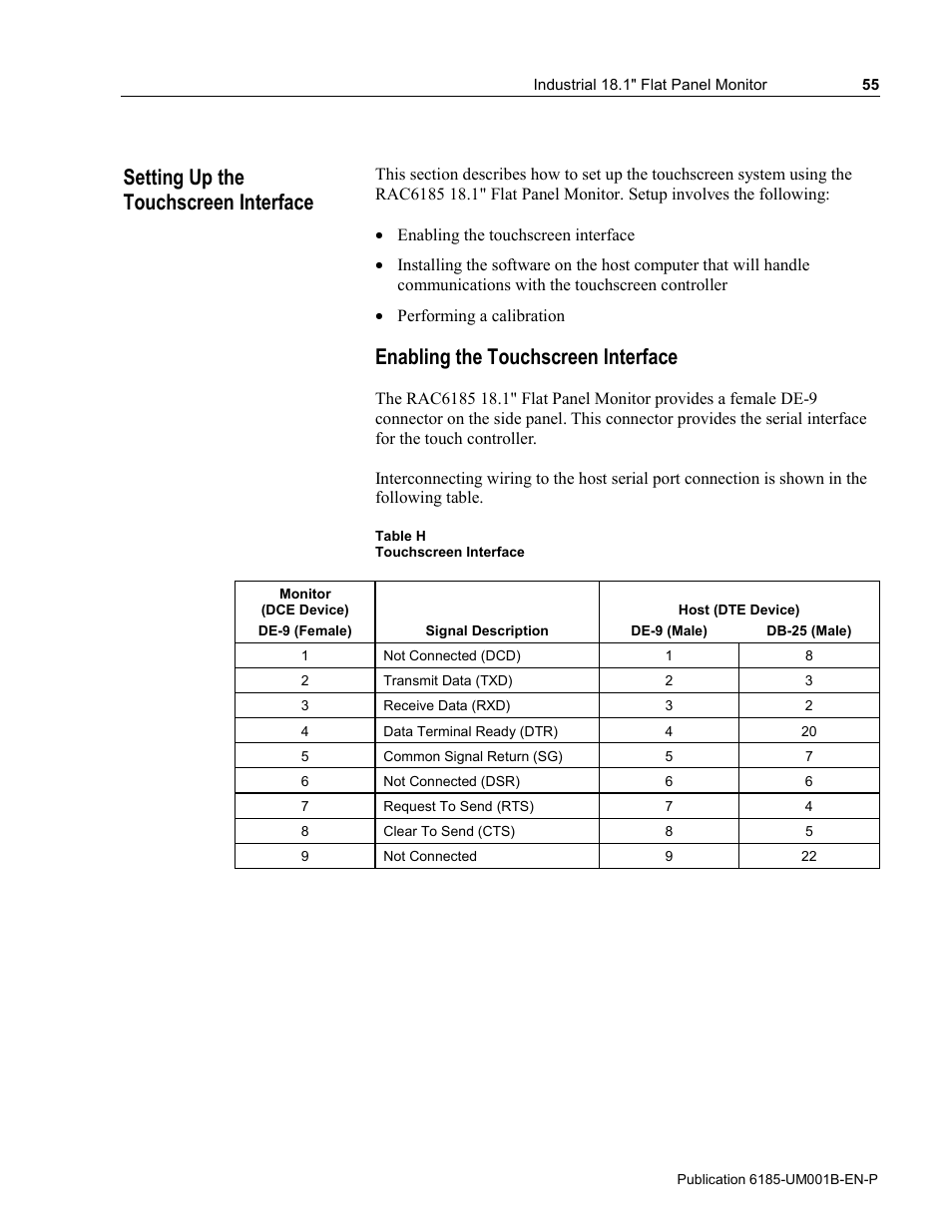 Setting up the touchscreen interface, Enabling the touchscreen interface | Rockwell Automation 6185-V Industrial 18.1 Inch Flat Panel Monitor User Manual User Manual | Page 55 / 64
