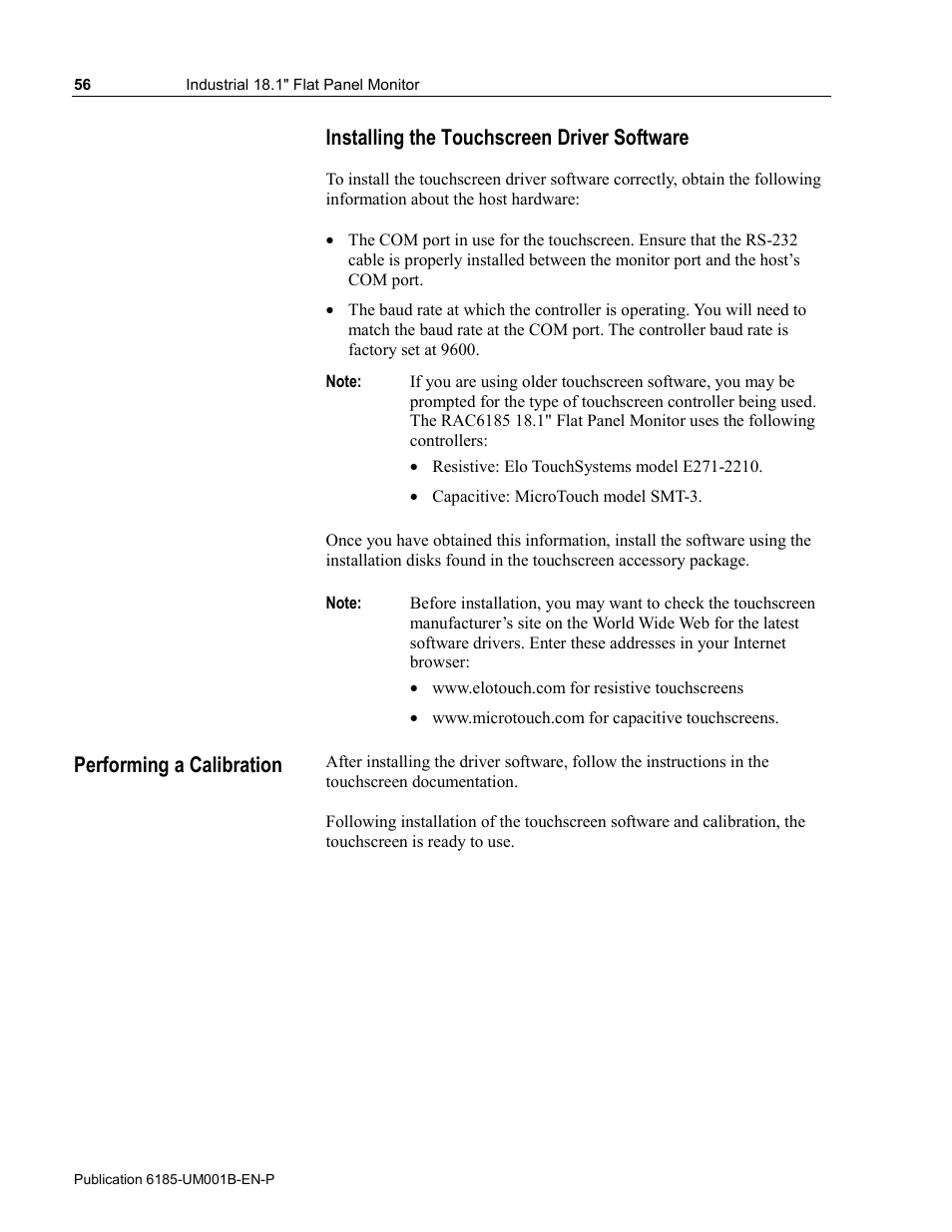 Performing a calibration, Installing the touchscreen driver software | Rockwell Automation 6185-V Industrial 18.1 Inch Flat Panel Monitor User Manual User Manual | Page 56 / 64